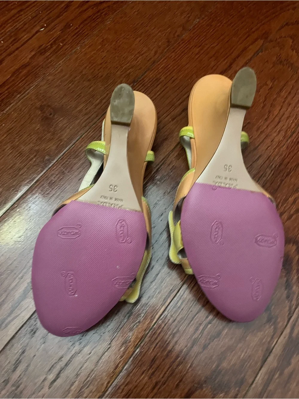 PRADA Lime Green and Beige Bow T-Strap Heels - Picture 6 of 6